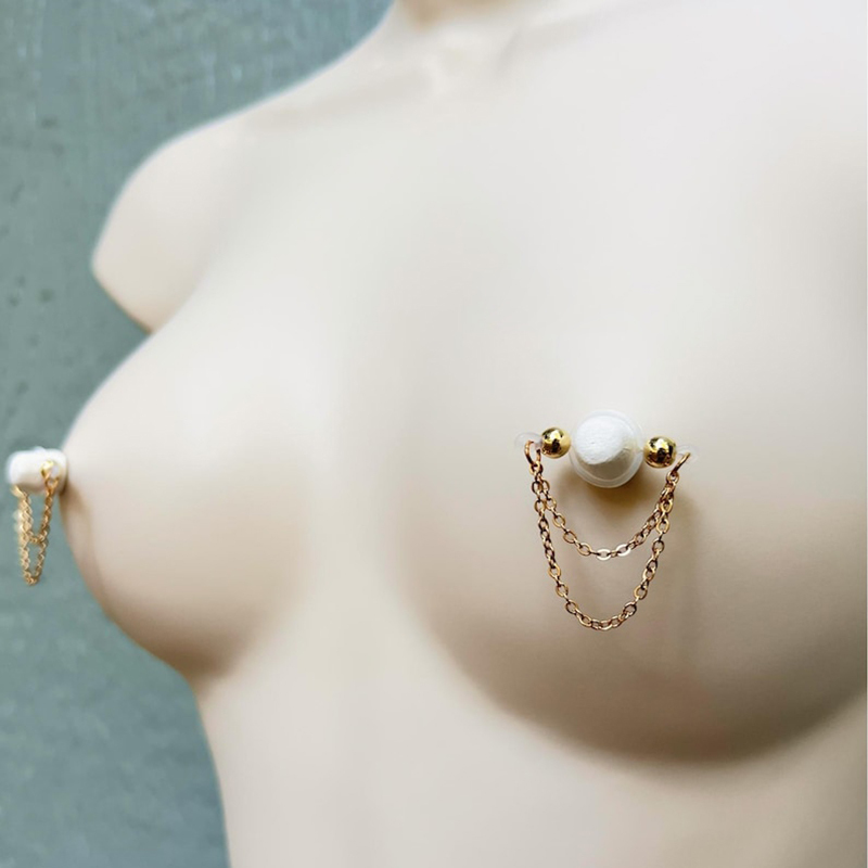 Imitation barbell and chain nipple rings-Thyye