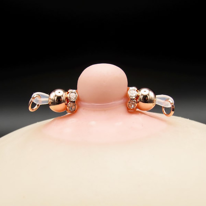 Rose gold plated barbell style nipple ring with diamonds-Thyye