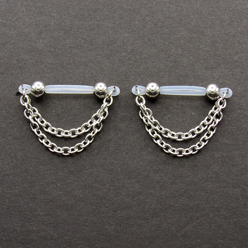 Imitation barbell and chain nipple rings-Thyye