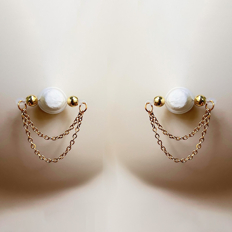 Imitation barbell and chain nipple rings-Thyye