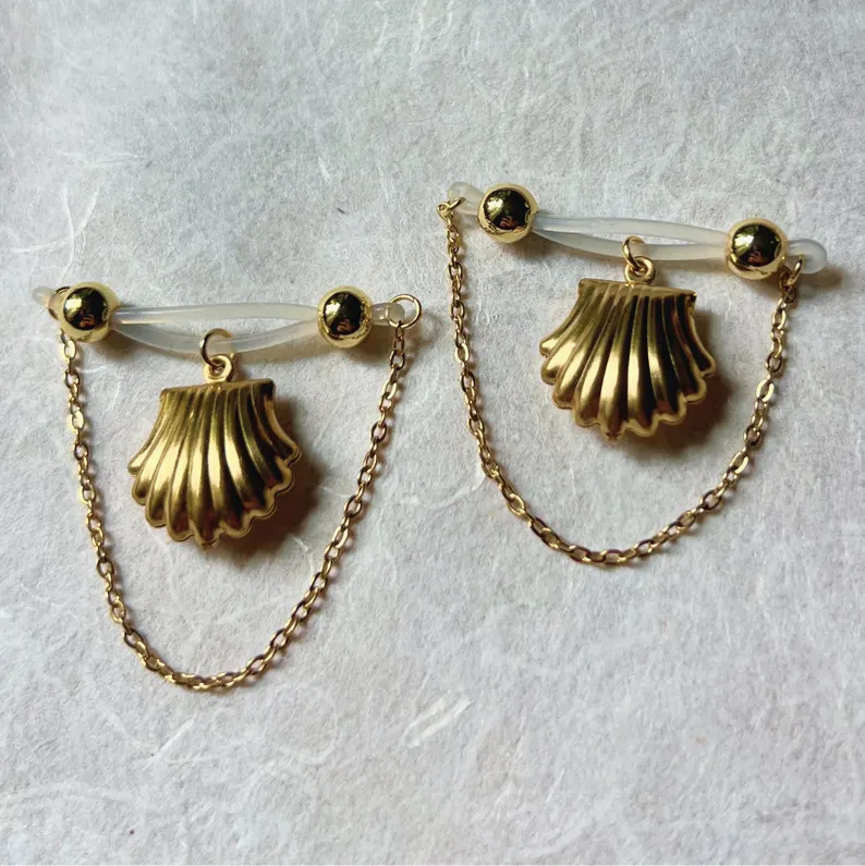 Fake nipple piercing jewelry with shells and chains-Thyye
