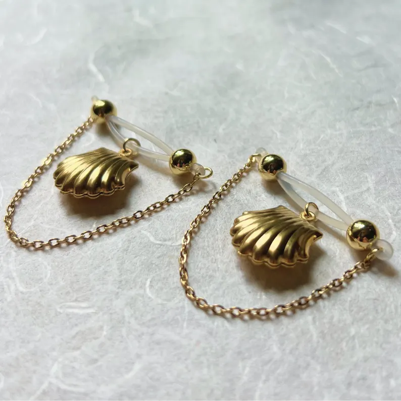 Fake nipple piercing jewelry with shells and chains-Thyye
