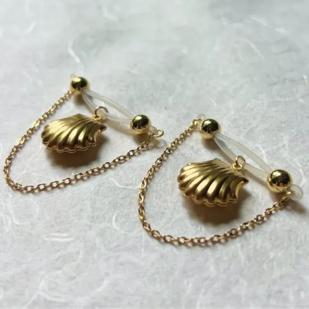 Fake nipple piercing jewelry with shells and chains-Thyye