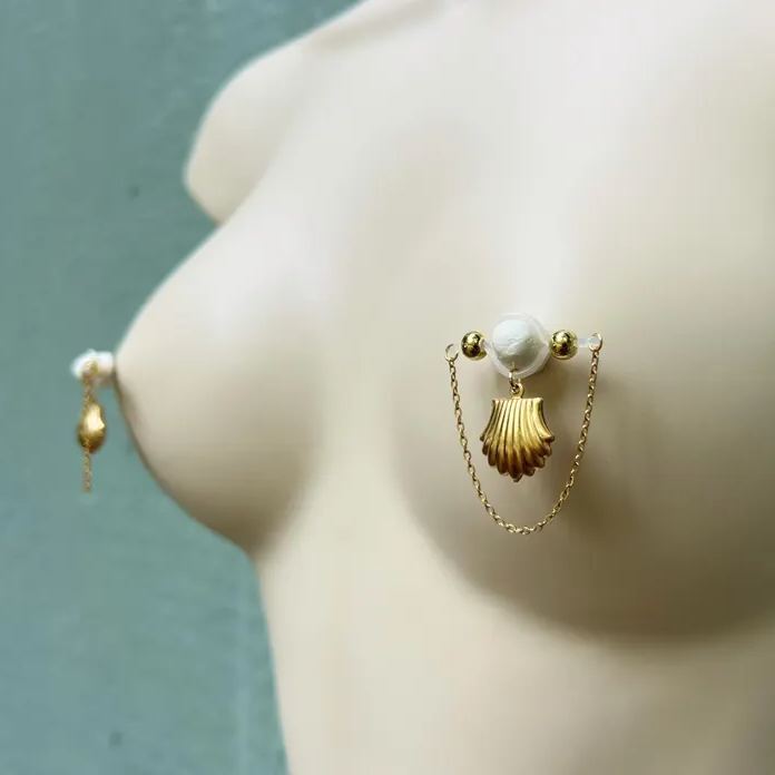 Fake nipple piercing jewelry with shells and chains-Thyye