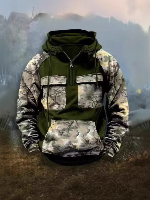 Men's Vintage Western Deer Print Multi-Pocket Jacket