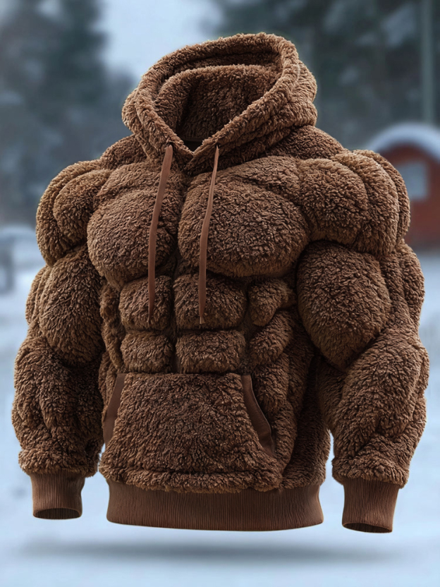 Men's Vintage Muscle Line Art Flannel Warm Cozy Hooded Sweatshirt