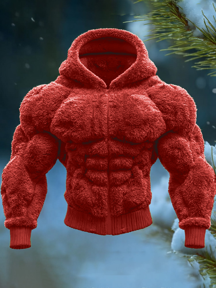 Men's Vintage Muscle Line Art Warm Hooded Cardigan