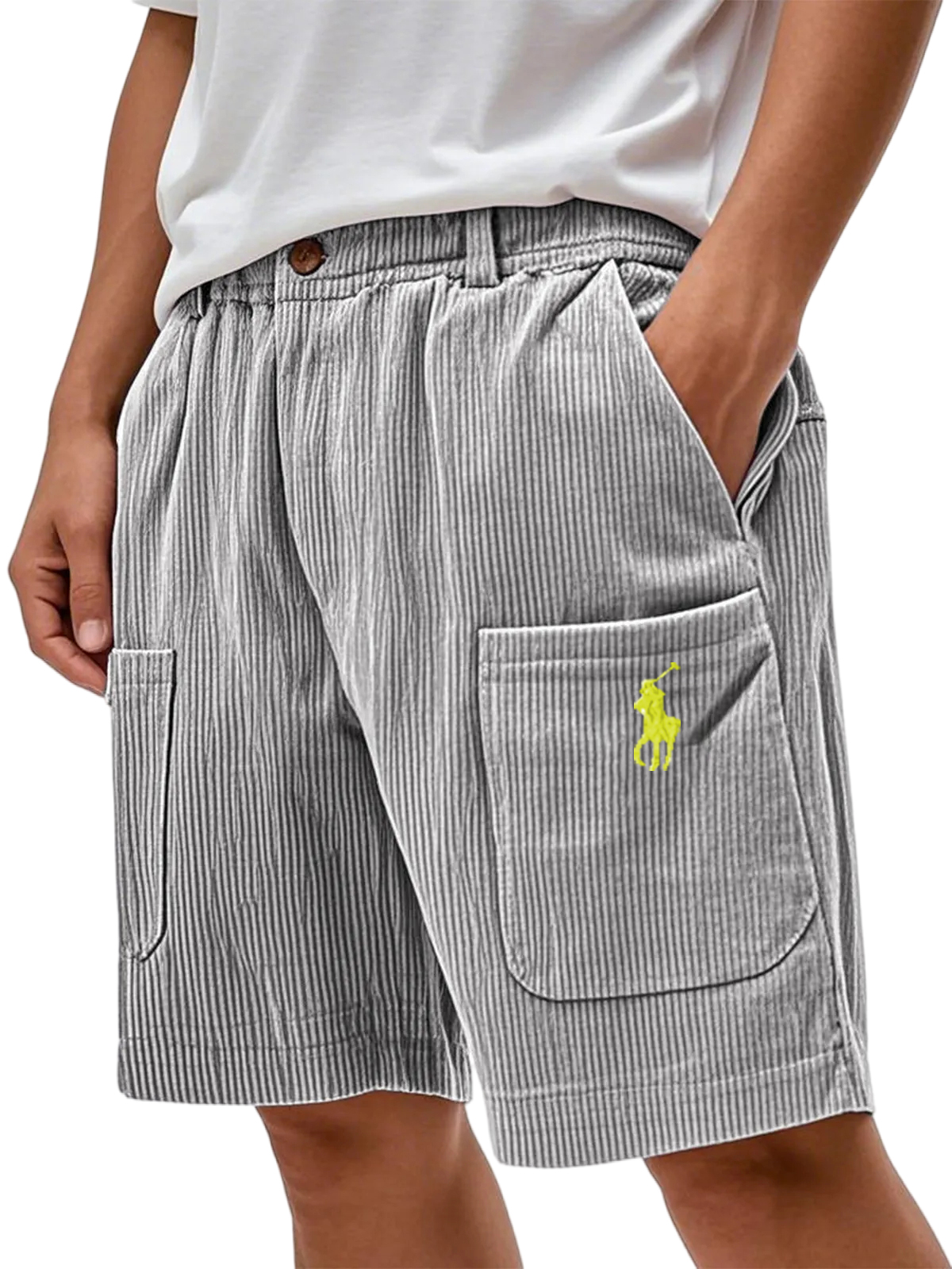 Men's Practical Multi-pocket Stylish Corduroy Simple Embroidered Logo Bermuda Button Shorts