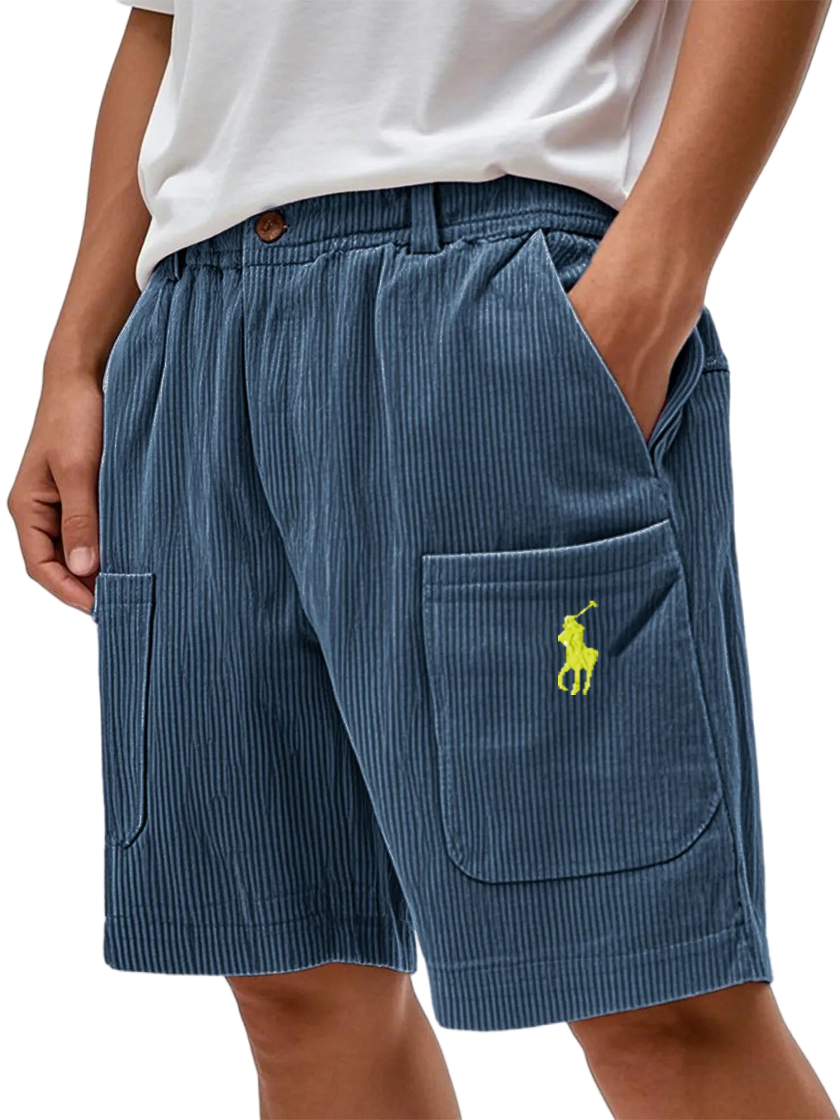 Men's Practical Multi-pocket Stylish Corduroy Simple Embroidered Logo Bermuda Button Shorts