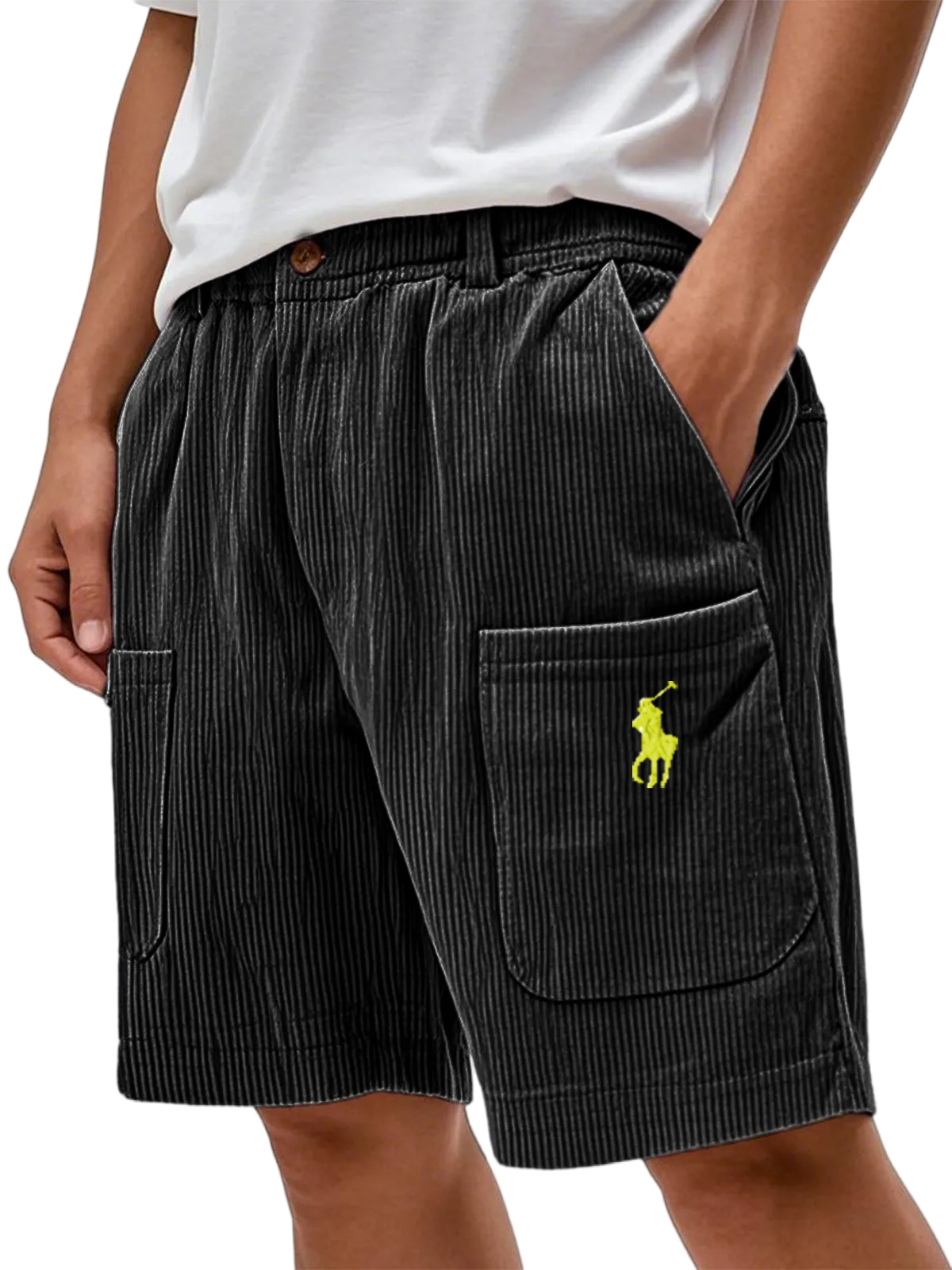 Men's Practical Multi-pocket Stylish Corduroy Simple Embroidered Logo Bermuda Button Shorts