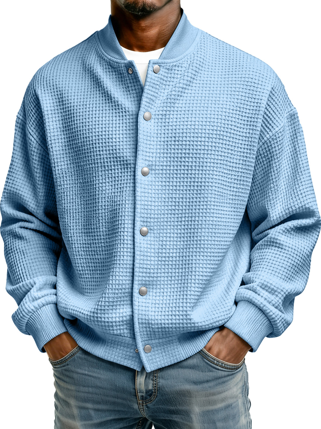 Men's Simple Stand Collar Waffle Casual Jacket