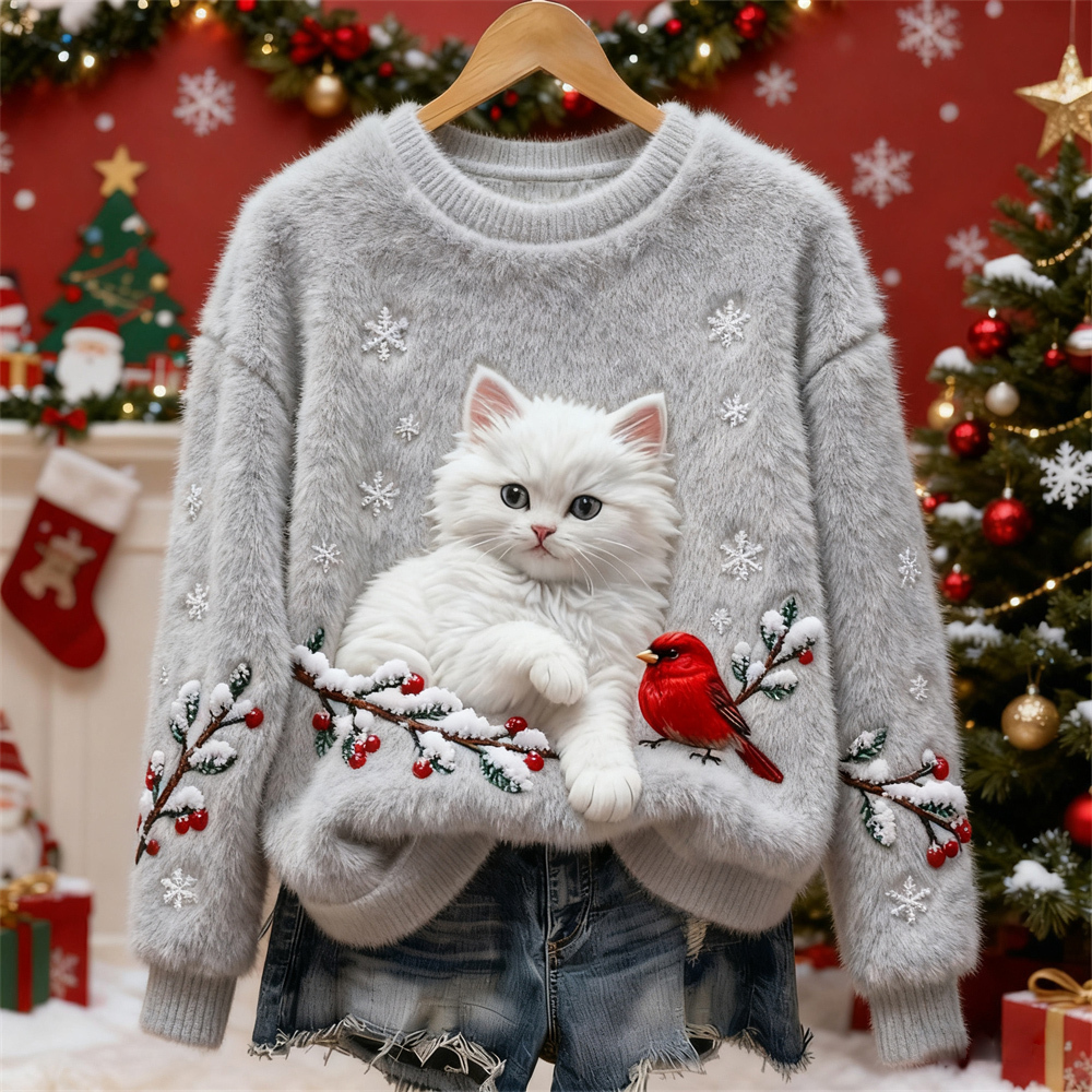 Christmas Cat & Bird Art Women's Flannel Sweater