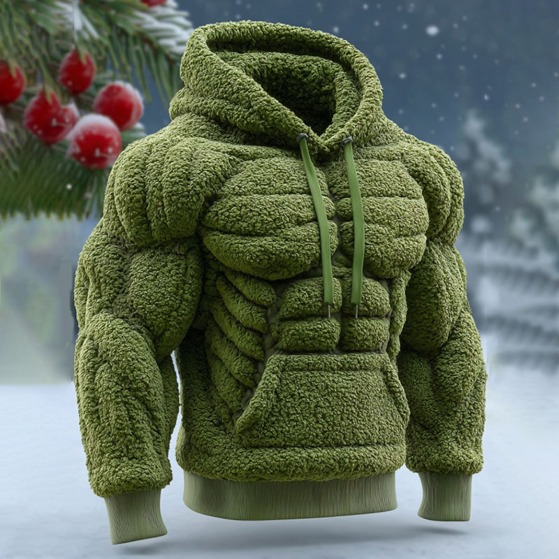 Men's Vintage Muscle Line Art Flannel Warm Hooded Sweatshirt