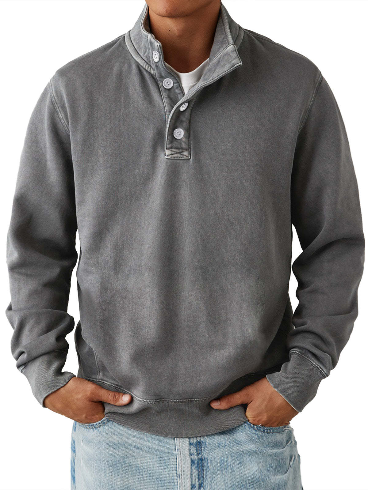 Men's Casual Stand Collar Button Solid Color Comfortable Sweatshirt