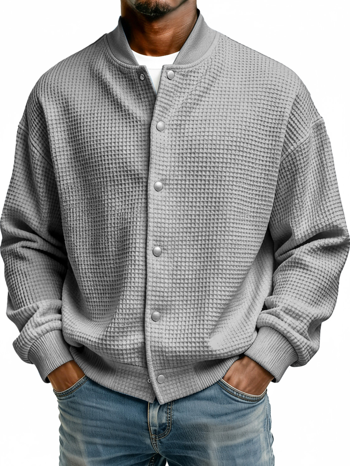 Men's Simple Stand Collar Waffle Casual Jacket