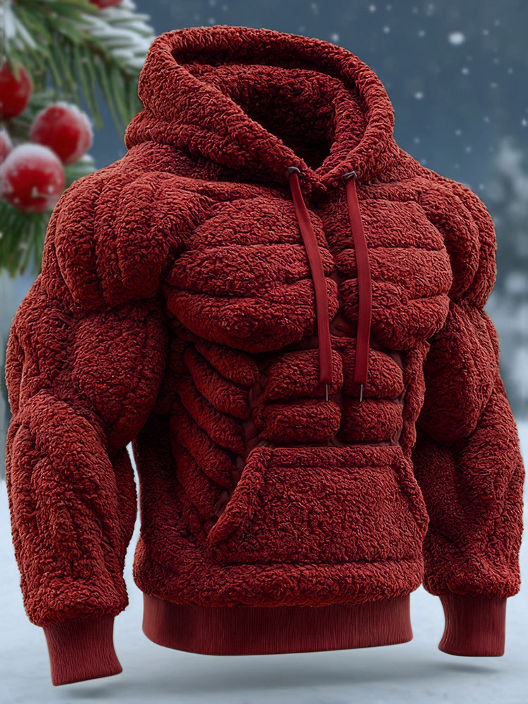 Men's Vintage Muscle Line Art Flannel Warm Hooded Sweatshirt