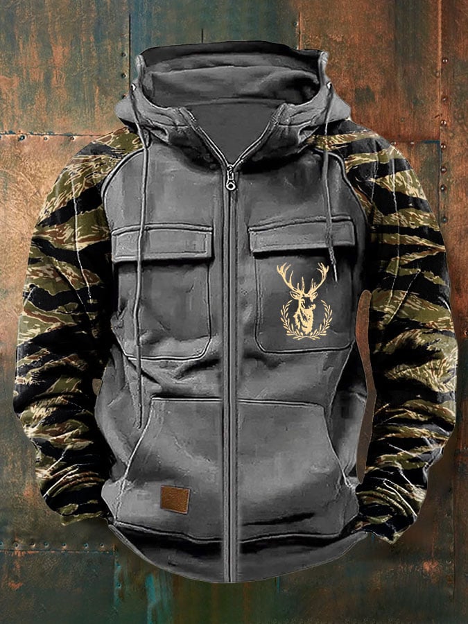 Men's Vintage Western Deer Print Multi-Pocket Jacket