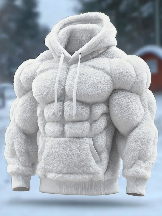 Men's Vintage Muscle Line Art Flannel Warm Cozy Hooded Sweatshirt