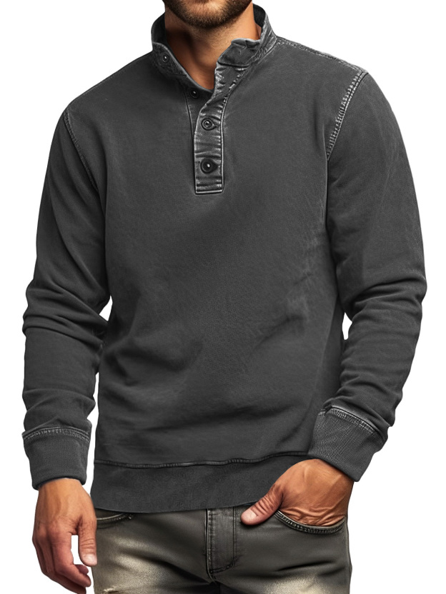 Men's Retro Casual Stand Collar Button Solid Color Sweatshirt