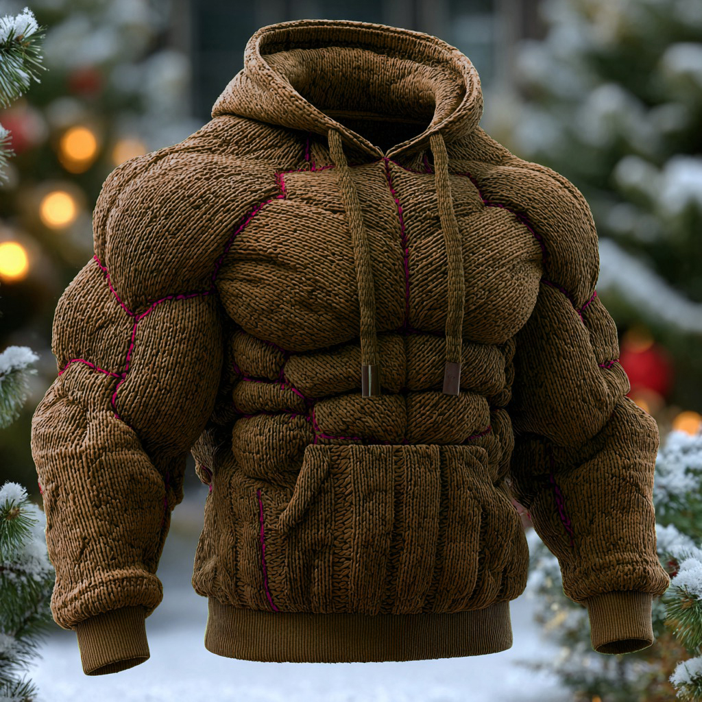 Line Art Knitted Warm Men's Hooded Sweater