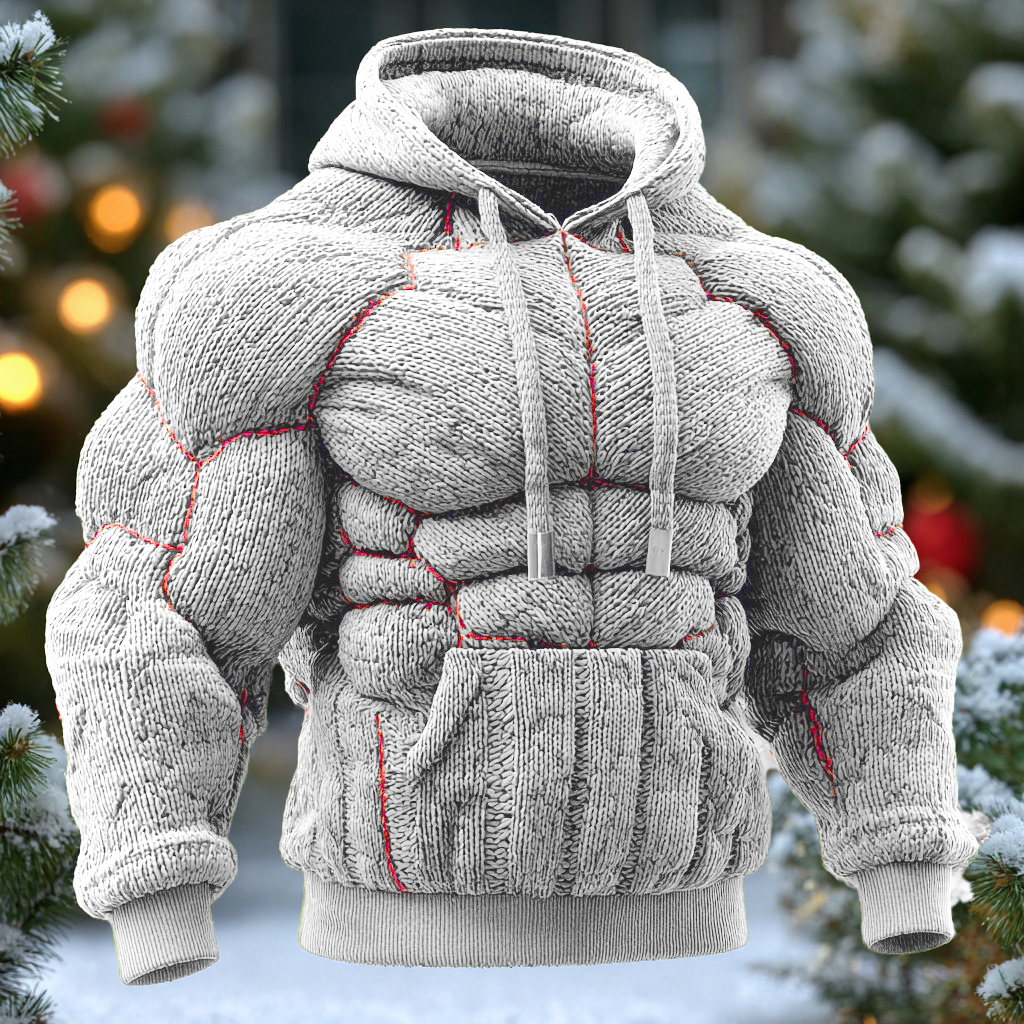 Line Art Knitted Warm Men's Hooded Sweater
