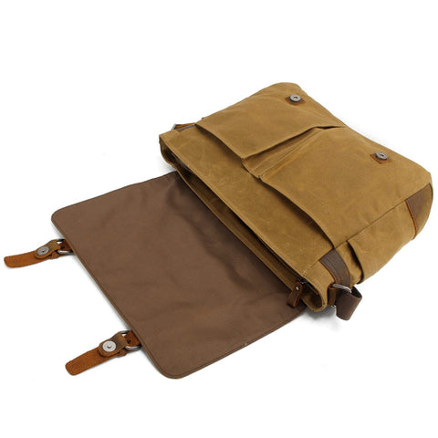 borsa laterale vintage per laptop in canvas e pelle