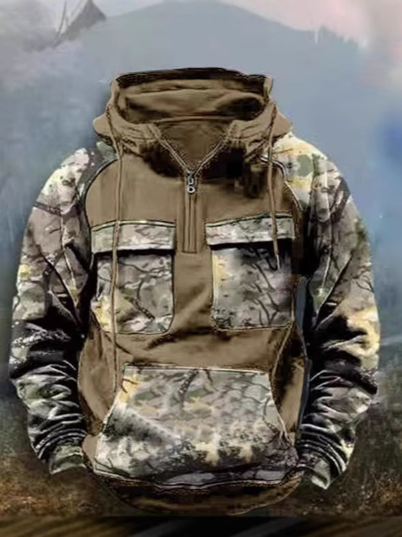 Men's Vintage Western Deer Print Multi-Pocket Jacket