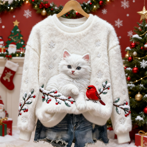 Christmas Cat & Bird Art Women's Flannel Sweater