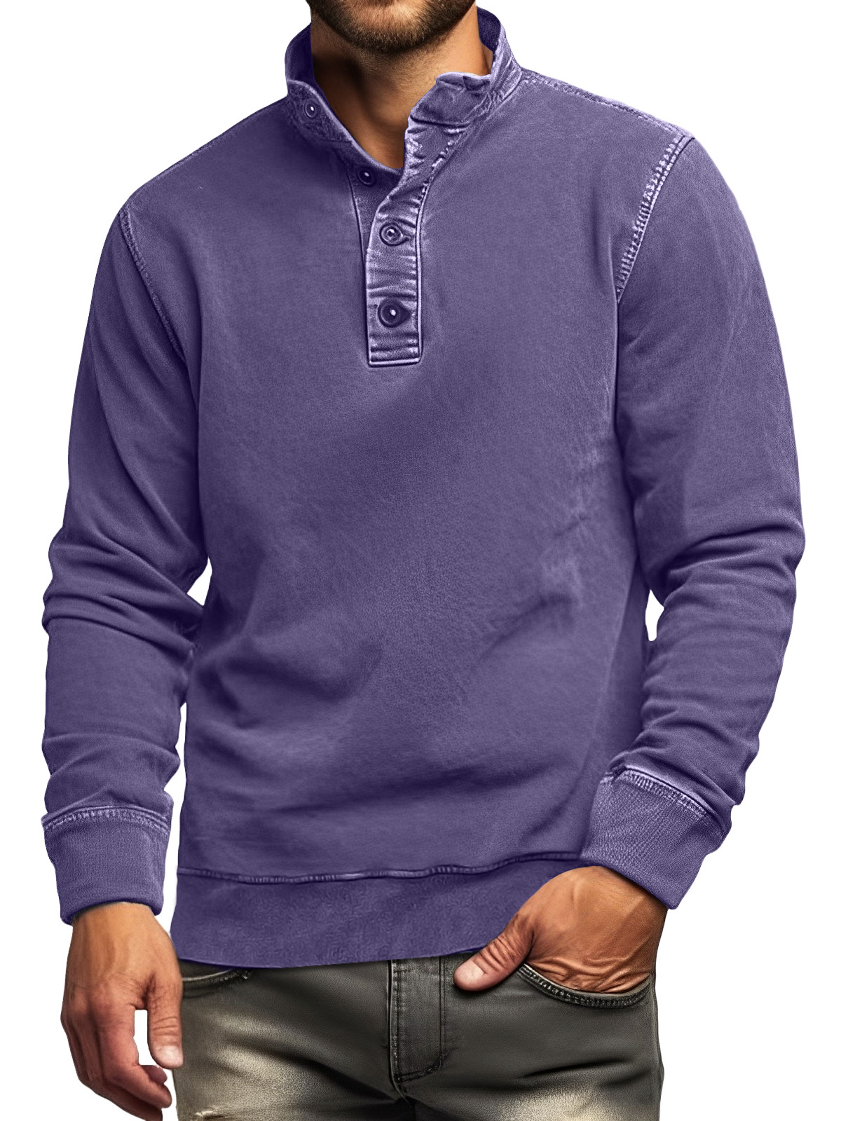 Men's Retro Casual Stand Collar Button Solid Color Sweatshirt