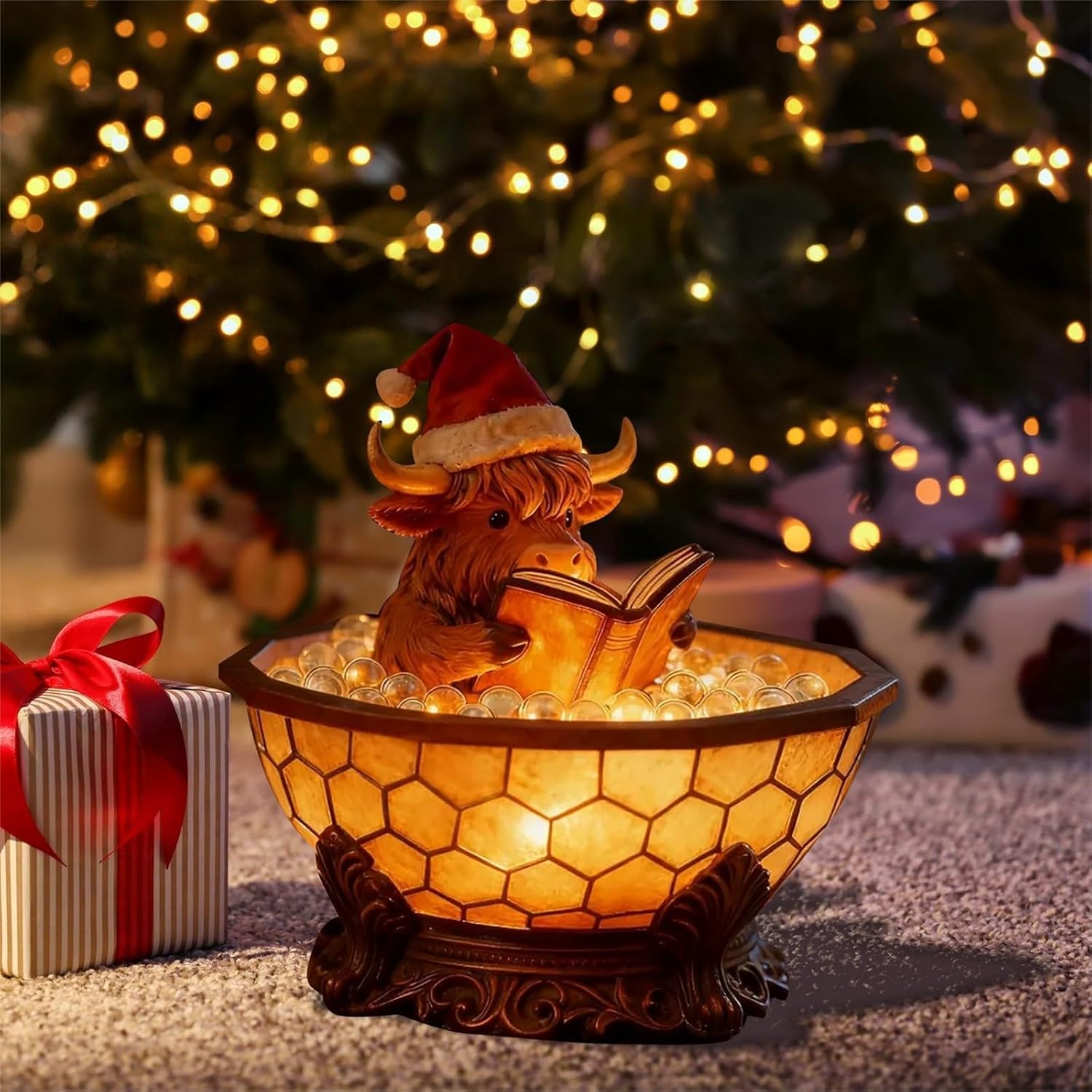 Christmas Highland Cow Bubble Bath Lamp, Reading Night Light for Rooms, Cute 3D LED Night Light, for Desks, Mantels, and Holiday Decor (1pc)