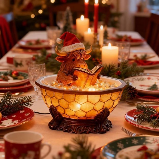 Christmas Highland Cow Bubble Bath Lamp, Reading Night Light for Rooms, Cute 3D LED Night Light, for Desks, Mantels, and Holiday Decor (1pc)