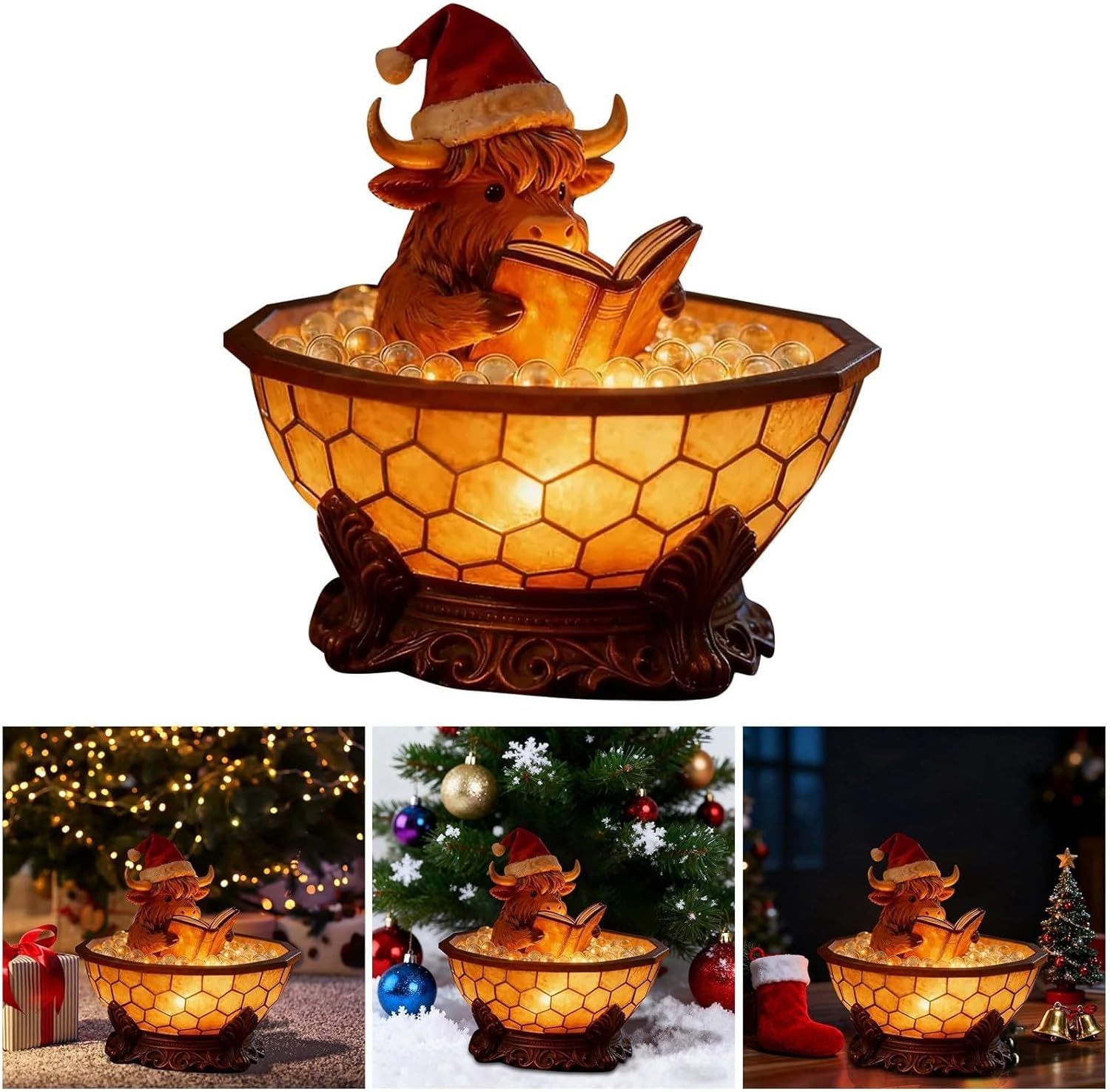 Christmas Highland Cow Bubble Bath Lamp, Reading Night Light for Rooms, Cute 3D LED Night Light, for Desks, Mantels, and Holiday Decor (1pc)