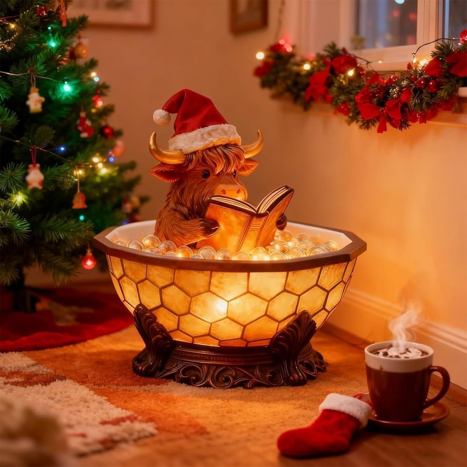 Christmas Highland Cow Bubble Bath Lamp, Reading Night Light for Rooms, Cute 3D LED Night Light, for Desks, Mantels, and Holiday Decor (1pc)