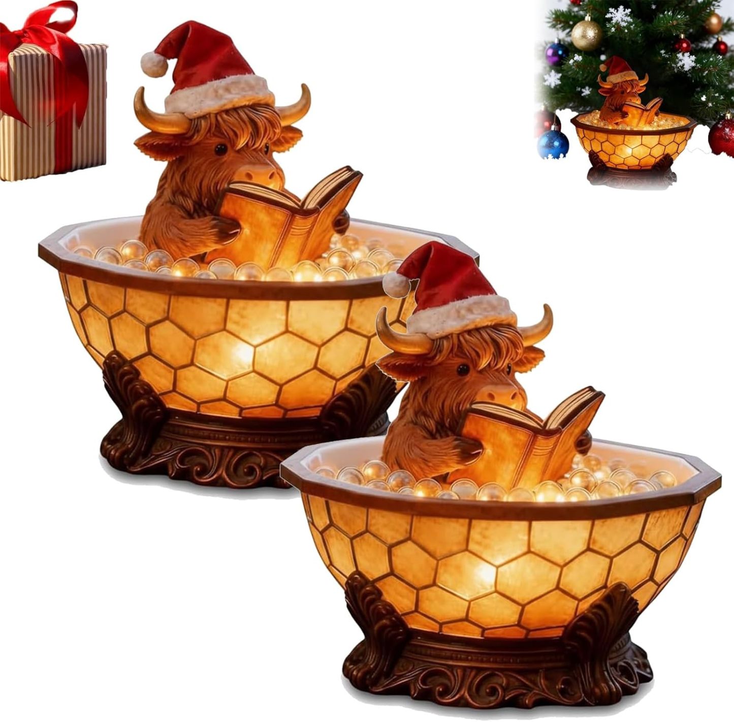 Christmas Highland Cow Bubble Bath Lamp, Reading Night Light for Rooms, Cute 3D LED Night Light, for Desks, Mantels, and Holiday Decor (1pc)