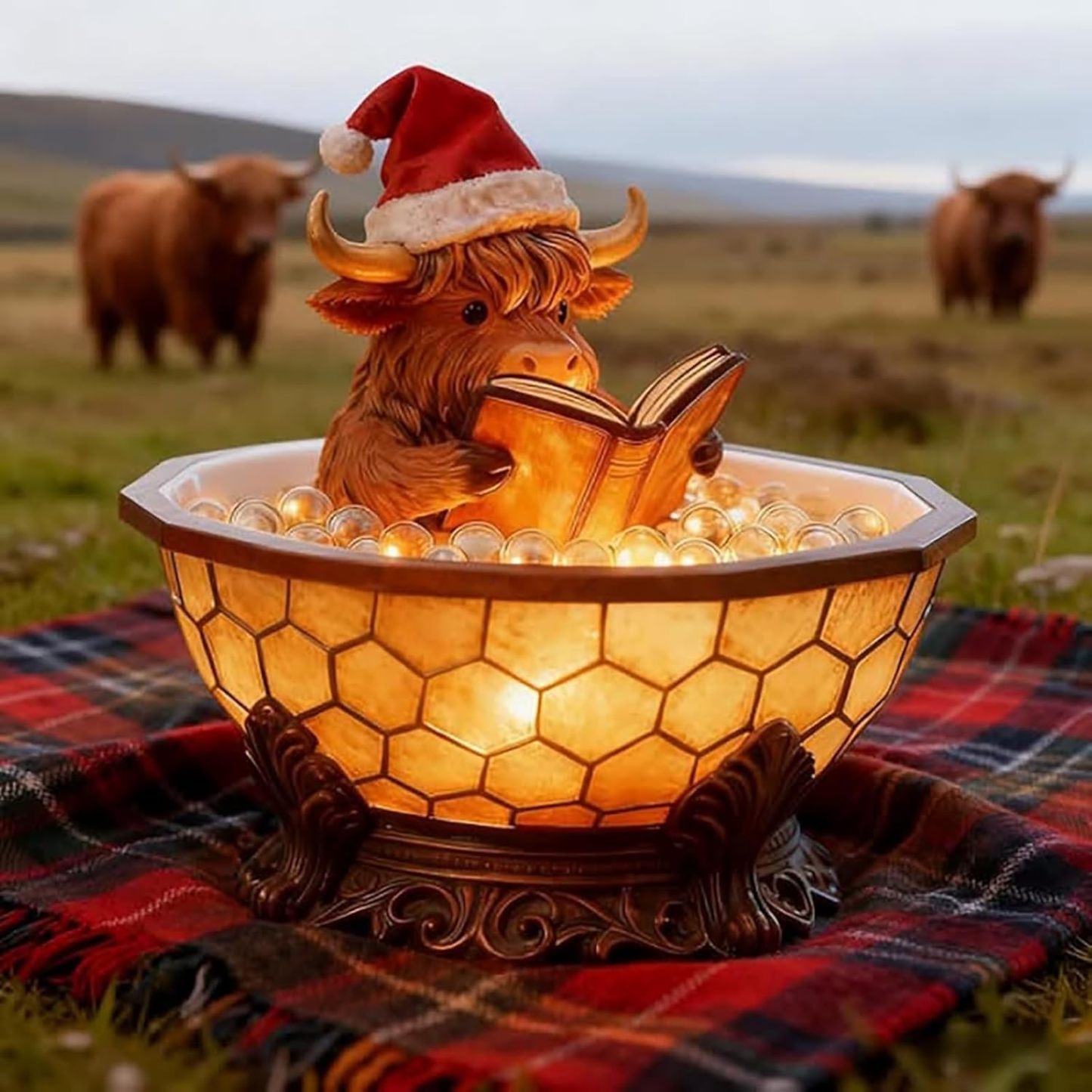 Christmas Highland Cow Bubble Bath Lamp, Reading Night Light for Rooms, Cute 3D LED Night Light, for Desks, Mantels, and Holiday Decor (1pc)