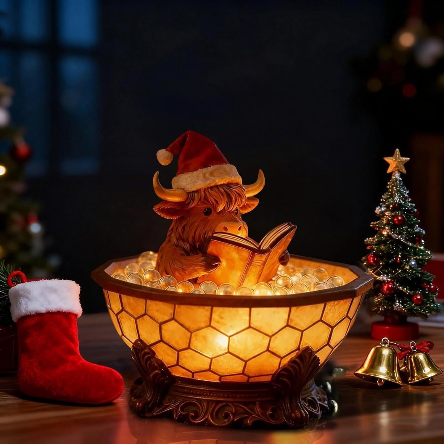 Christmas Highland Cow Bubble Bath Lamp, Reading Night Light for Rooms, Cute 3D LED Night Light, for Desks, Mantels, and Holiday Decor (1pc)