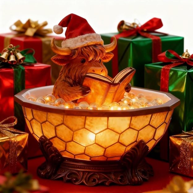 Christmas Highland Cow Bubble Bath Lamp, Reading Night Light for Rooms, Cute 3D LED Night Light, for Desks, Mantels, and Holiday Decor (1pc)