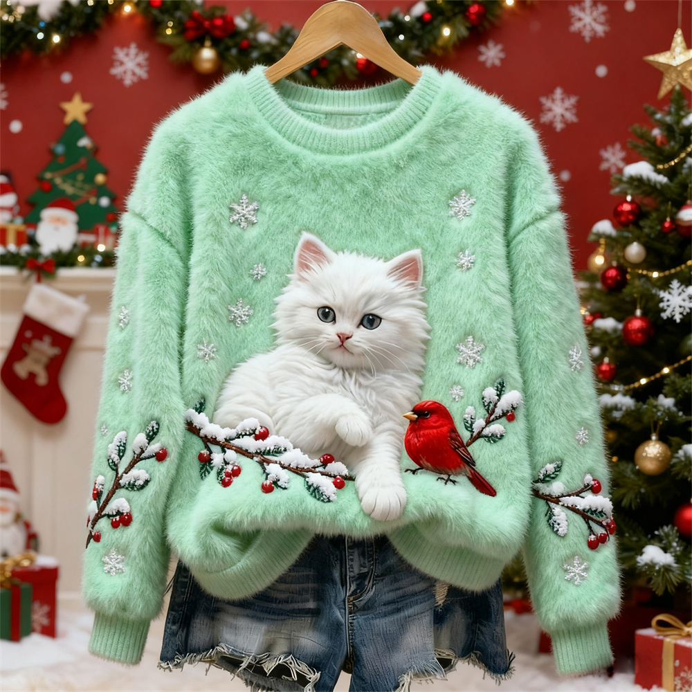 Christmas Cat & Bird Art Women's Flannel Sweater