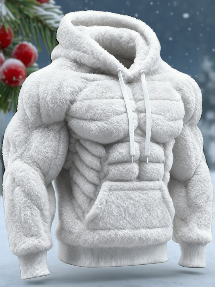 Men's Vintage Muscle Line Art Flannel Warm Hooded Sweatshirt