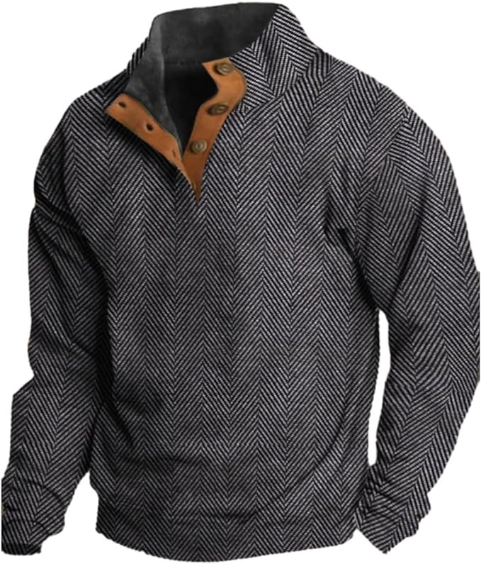 Men's Western Vintage Herringbone Print Design Stand Collar Button-Down Sweatshirt