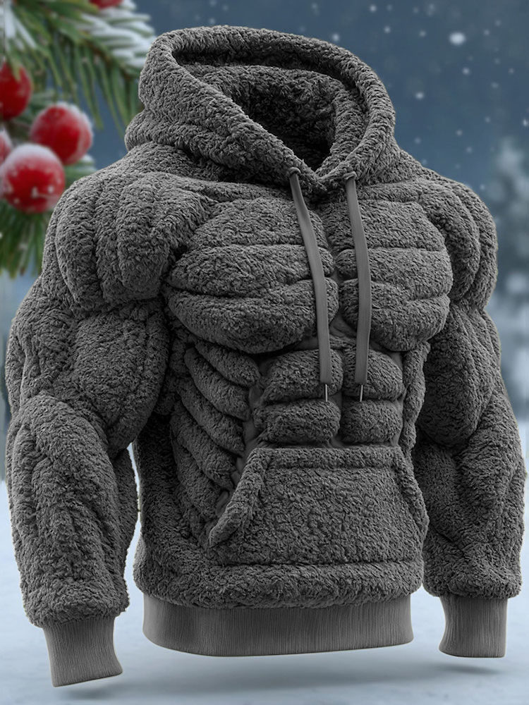 Men's Vintage Muscle Line Art Flannel Warm Hooded Sweatshirt