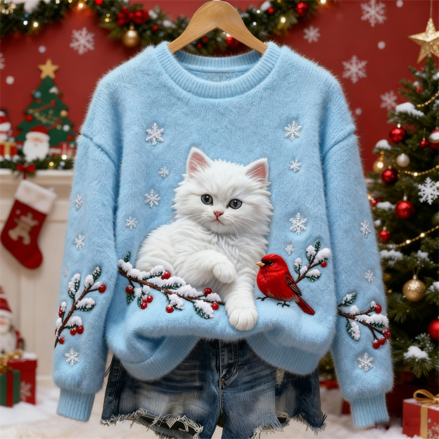 Christmas Cat & Bird Art Women's Flannel Sweater