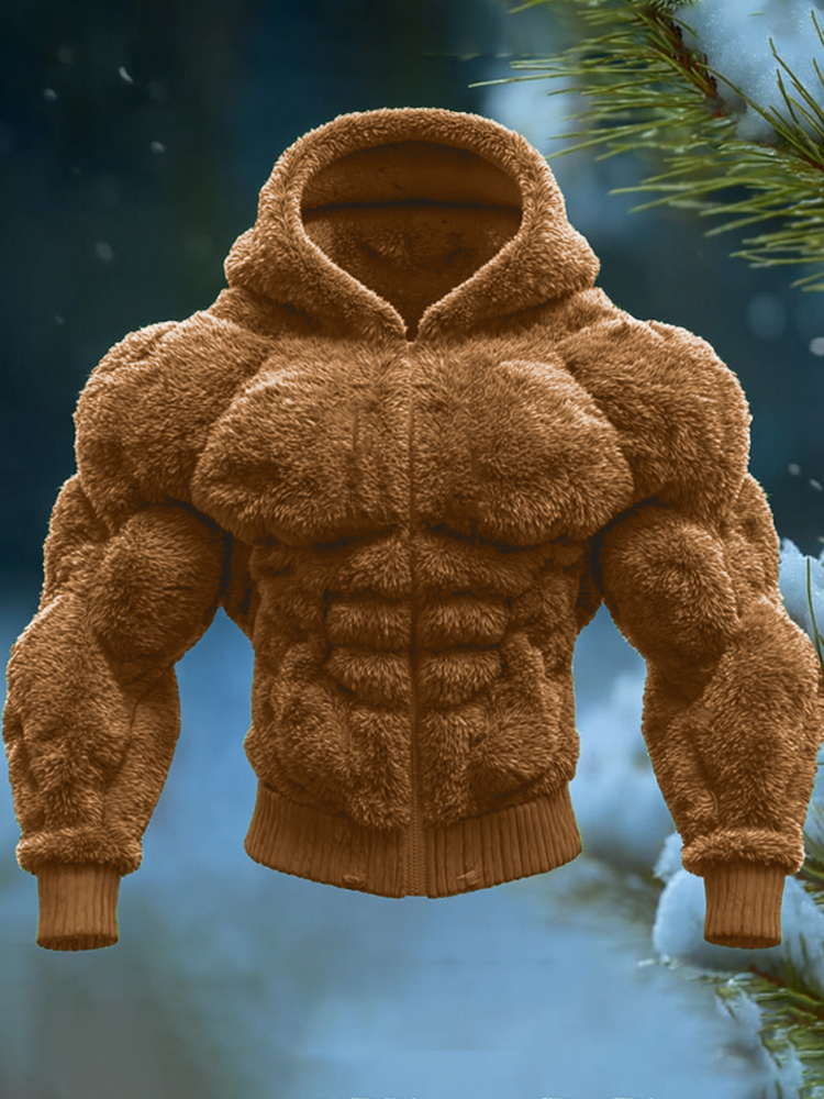 Men's Vintage Muscle Line Art Warm Hooded Cardigan