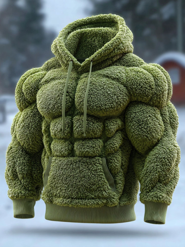 Men's Vintage Muscle Line Art Flannel Warm Cozy Hooded Sweatshirt