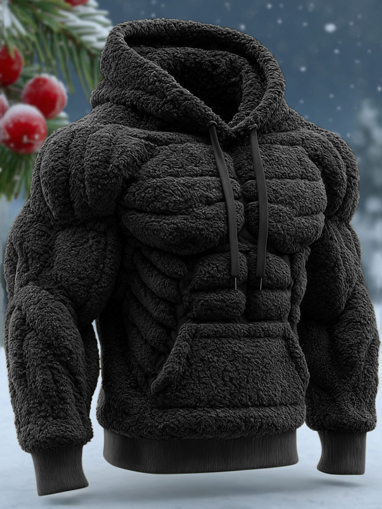 Men's Vintage Muscle Line Art Flannel Warm Hooded Sweatshirt