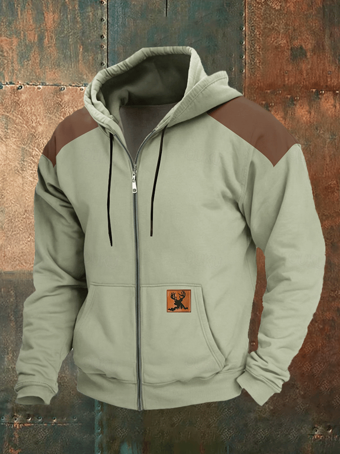 Men's Vintage Western Elk Print Zip-Up Hooded Jacket