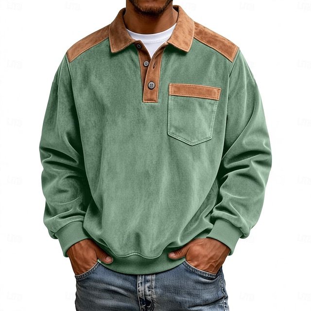 Men's Faux Suede Zip Polo Pullover Sweatshirt Vacation Street Long Sleeve Fashion Block Patchwork
