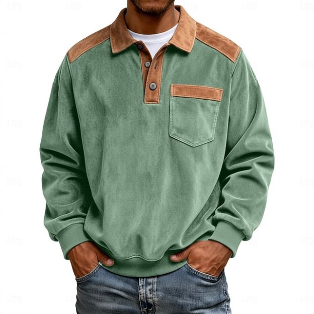 Men's Faux Suede Zip Polo Pullover Sweatshirt Vacation Street Long Sleeve Fashion Block Patchwork