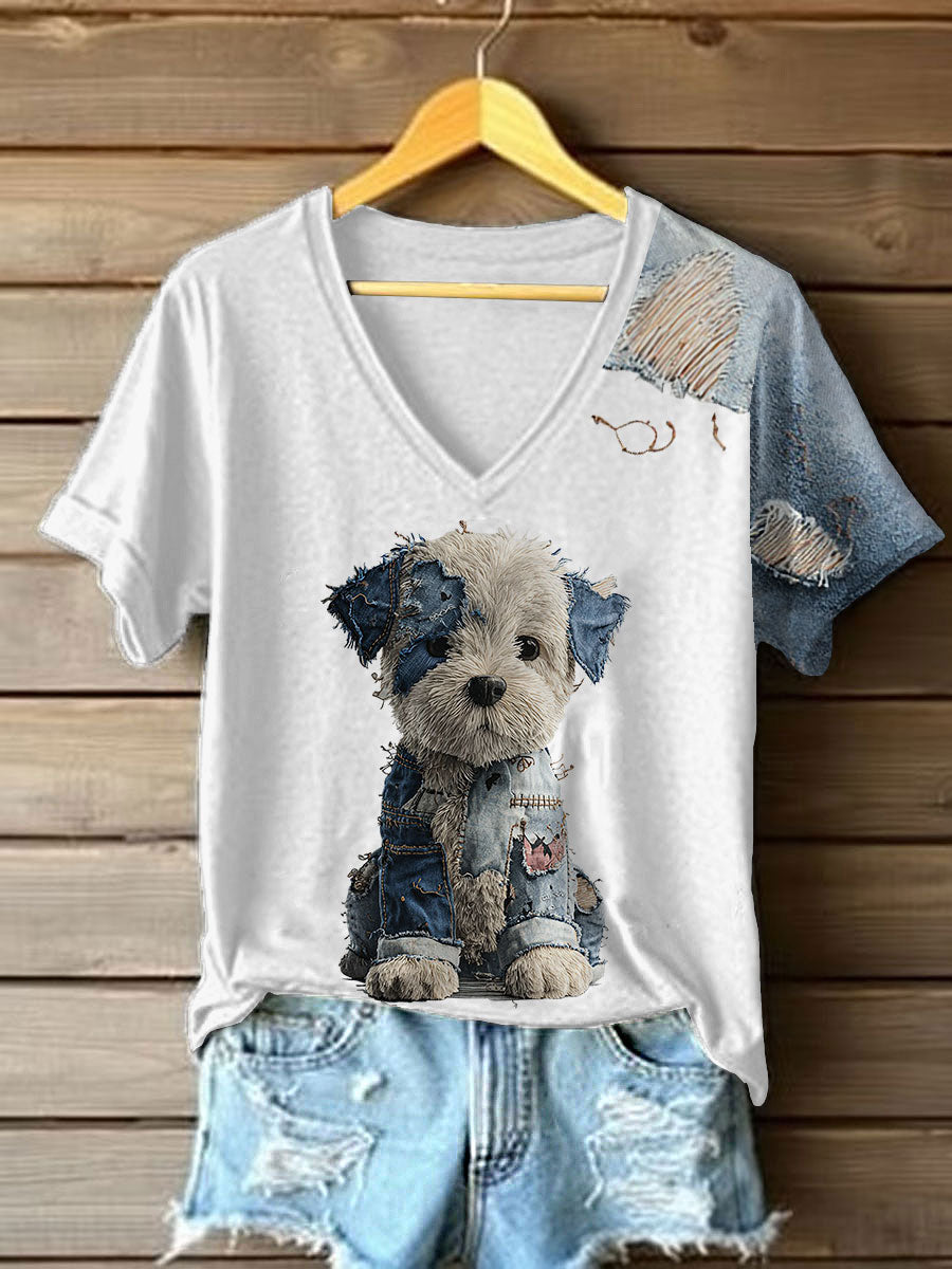 Women's Denim Dog Print V-neck T-shirt