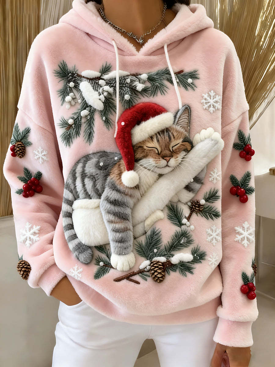 Women's Cute Christmas Cat Art Print Casual Flannel Hoodie